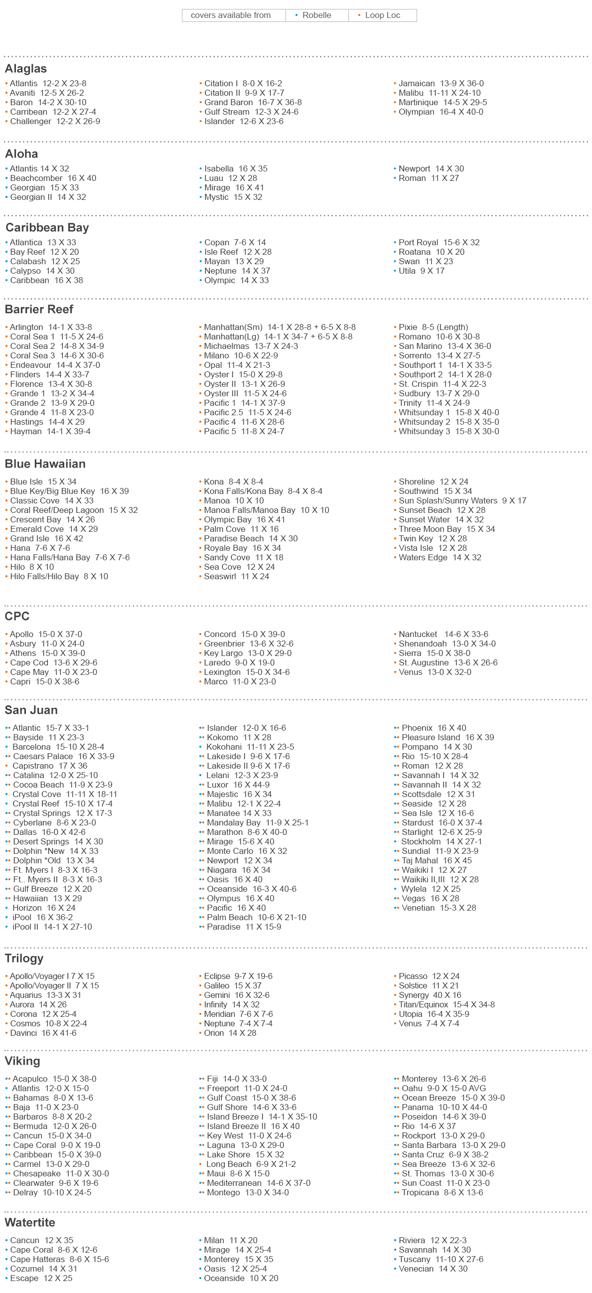 A list of pool brands and models that we may have measurements for to create a custom safety cover